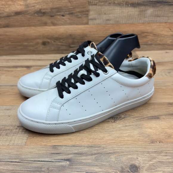 J.Crew Women’s size 7H Saturday Casual Sneakers White Leather Low Leopard - Picture 2 of 10
